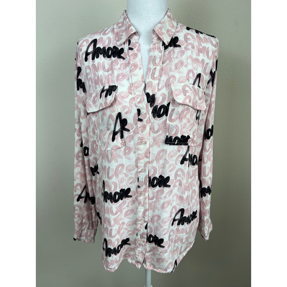 Milly &‎ Honey Pink Amore Graphic Blouse L Artsy Parisian French Girl Button Up